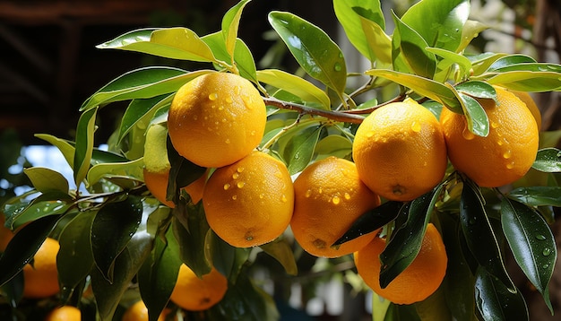 Foto grátis frescor de frutas cítricas em um galho de árvore verde na natureza gerado por inteligência artificial