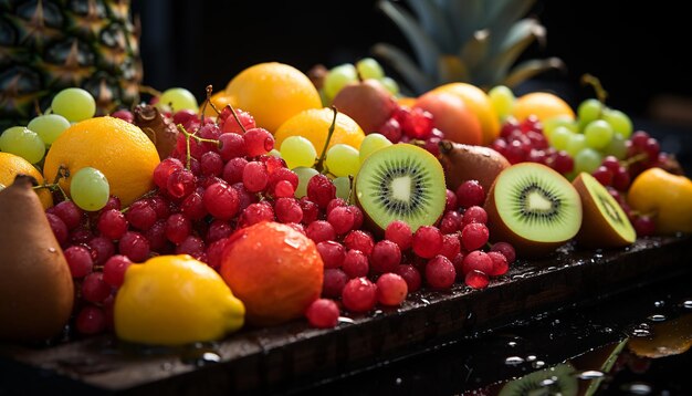 Frescor de frutas de verão em uma placa de madeira vibrante gerada por inteligência artificial