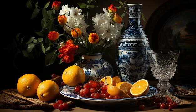 Frescor de frutas vibrantes da natureza em mesa de madeira gerada por inteligência artificial