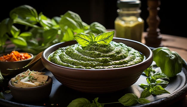 Frescor e cor verde de vegetais folhosos em uma refeição saudável gerada por inteligência artificial