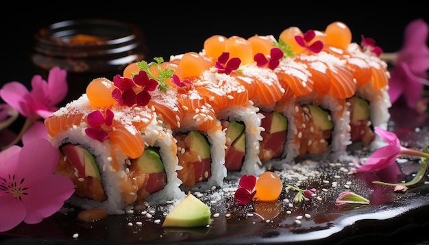 Frescor e culturas em um prato de sashimi e maki sushi gerados por inteligência artificial