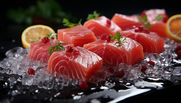 Frescor e fatia gourmet de sashimi de filé de frutos do mar com limão gerado por inteligência artificial