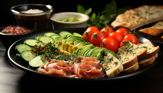 Foto grátis frescor no prato carne grelhada tomate pão salada carne de porco gerada por inteligência artificial