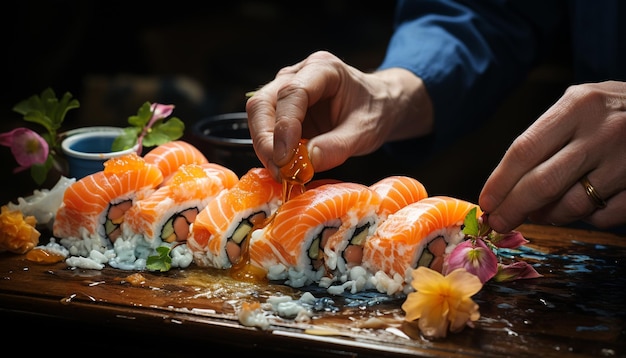 Foto grátis frescura e culturas enroladas num prato de maki sushi gerado por inteligência artificial