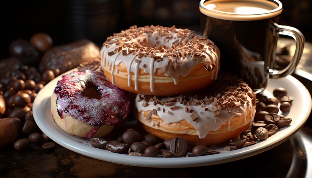 Foto grátis frescura e indulgência em uma mesa rústica donuts gourmet tentação gerada por inteligência artificial