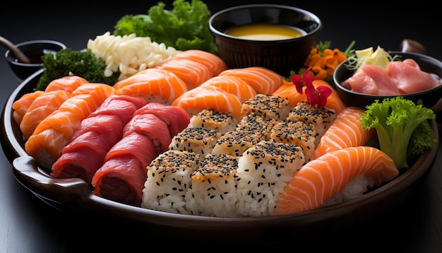 Frescura em um prato gourmet sashimi nigiri maki sushi algas marinhas geradas por inteligência artificial