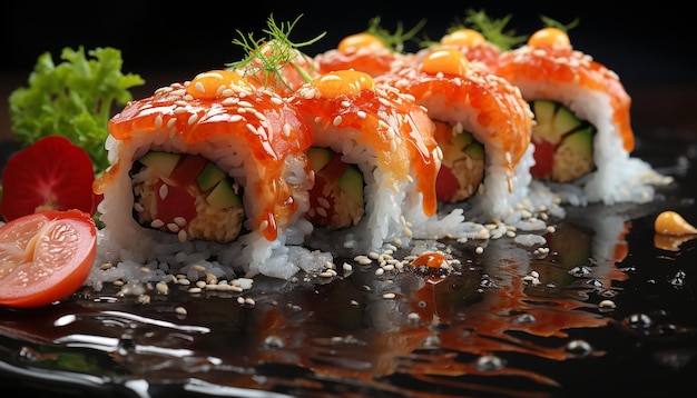Frescura enrolada em um prato maki sushi alimentação saudável gerada por inteligência artificial