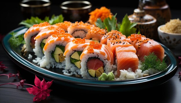 Frescura no prato frutos do mar sashimi maki sushi enrolado gerado por inteligência artificial