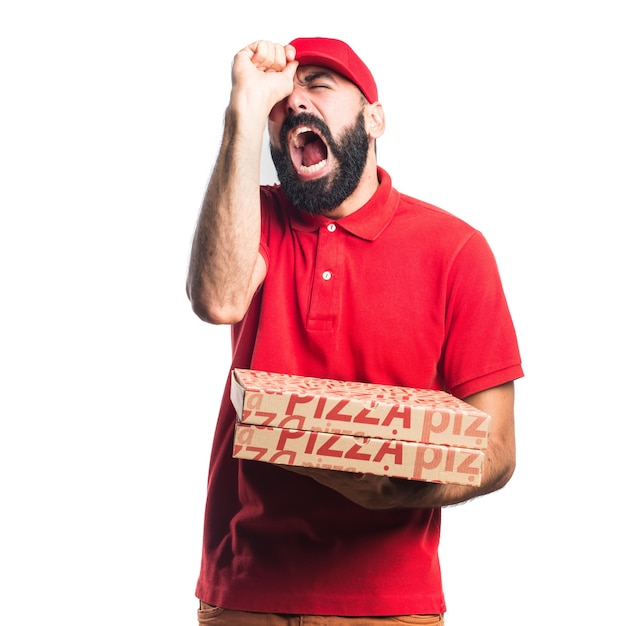 Foto grátis frustrado homem de entrega de pizza