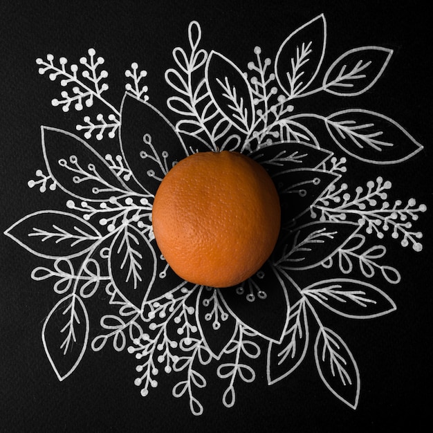 Fruta laranja sobre contorno desenhado