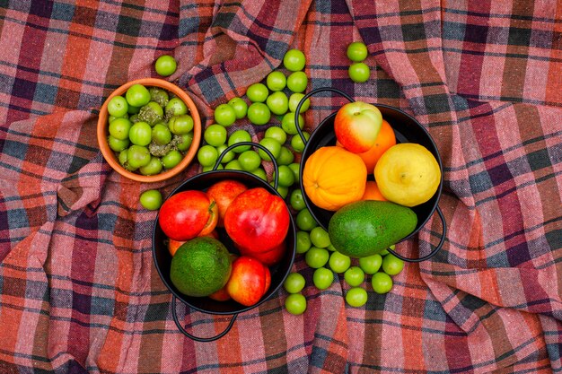 Frutas cítricas em uma duas panelas e tigela no pano de piquenique, vista superior.