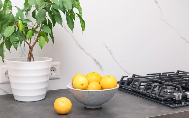 Frutas cítricas frescas em uma tigela de cerâmica e planta de interior em bancada escura cozinha em casa moderna