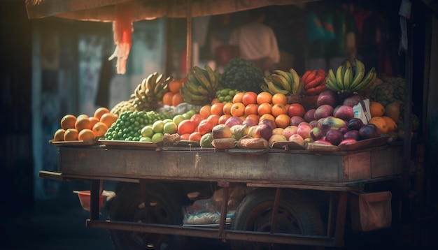 Frutas e legumes frescos vendidos no mercado, gerados por IA