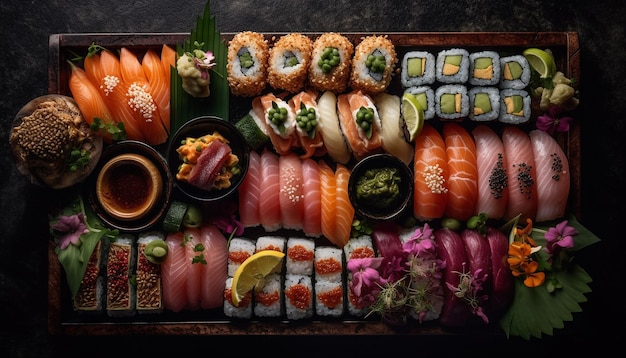 Foto grátis frutos do mar frescos enrolados em maki sushi gerados por ia