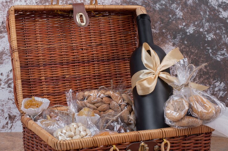 Foto grátis frutos secos e nozes acondicionados em sacos plásticos com saco de madeira com garrafa de vinho.