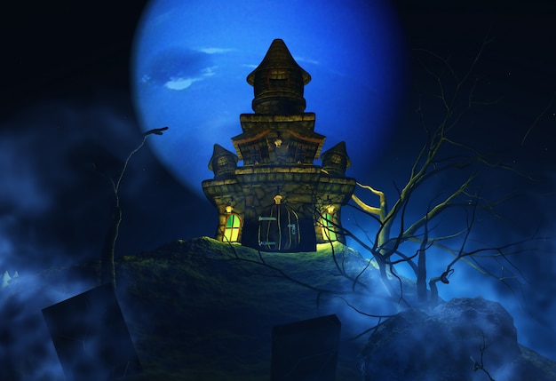 Fundo 3D de Halloween com castelo assustador