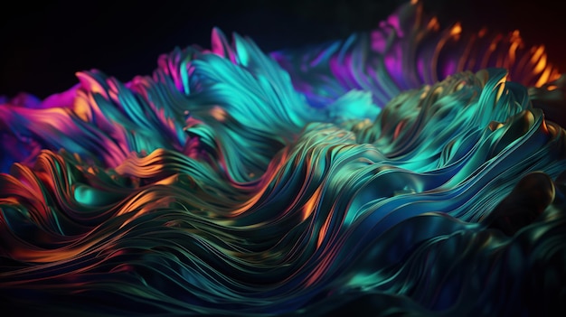 Fundo abstrato folha holográfica iridescente textura metálica papel de parede ondulado ultravioleta ondulações fluidas superfície de metal líquido esotérico espectro de aura matiz brilhante cores generativas Ai