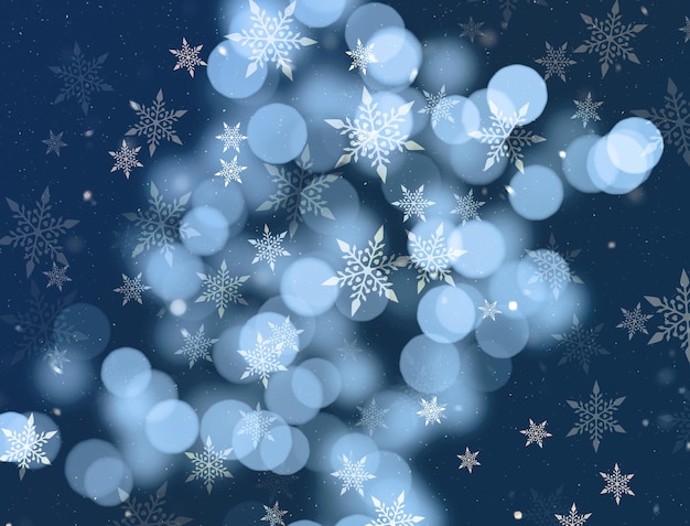 Fundo azul de Natal com flocos de neve e design de luzes bokeh