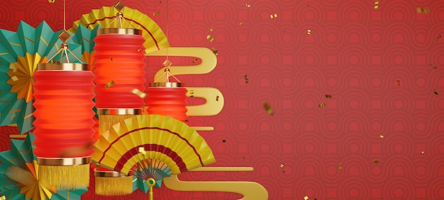 Fundo de ano novo chinês com ilustração 3d de lâmpadas