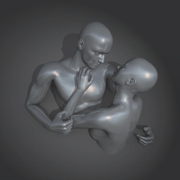 fundo de arte moderna 3D com casal de prata metálico no abraço