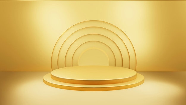 Fundo de cor de pódio de luxo dourado com círculo de formas geométricas exibe pedestal vazio em um flo