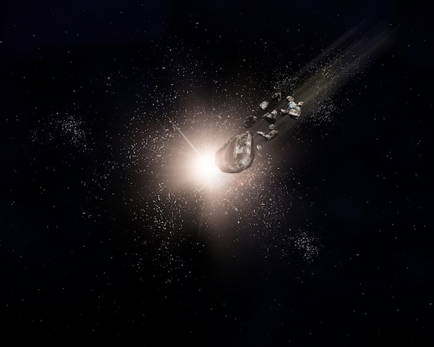 Fundo de espaço 3D com meteoritos voando através de um céu de espaço