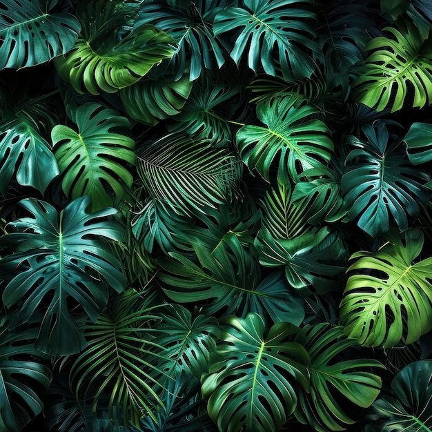 fundo de folhas entrelaçadas de lianas monstera e folhas de palmeira decoração de espaços