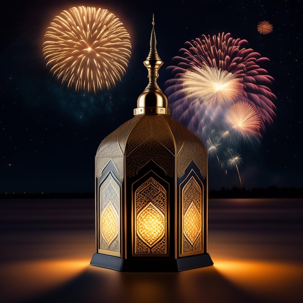 Fundo de foto grátis ramadan kareem eid mubarak real mesquita de lâmpada marroquina com fogos de artifício