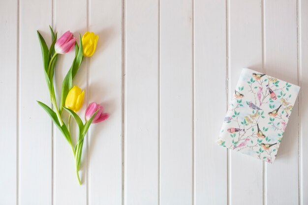 Fundo de madeira com tulipas coloridas e livro