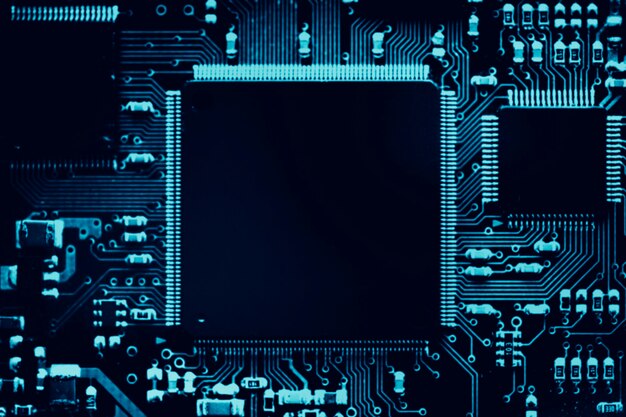 Fundo de microchip inteligente em uma tecnologia de close up da placa-mãe