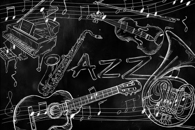 Fundo de música de instrumentos de jazz no quadro-negro escuro