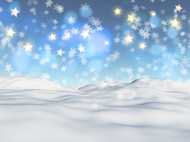 Fundo de Natal 3D com flocos de neve e estrelas