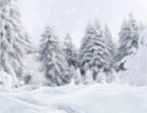 Fundo de Natal 3D com neve contra uma paisagem de árvore de inverno