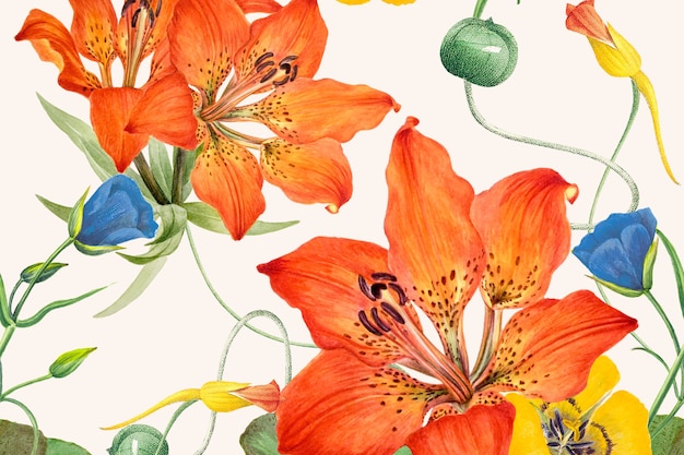 Fundo de padrão floral desenhado à mão, remixado de obras de arte de domínio público