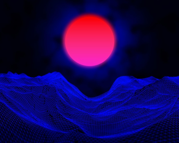 Fundo de paisagem de wireframe com estilo retrô 3d