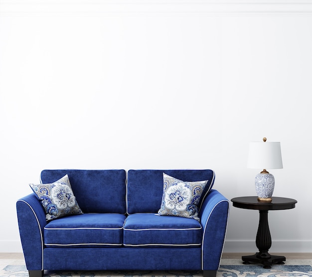 Fundo de parede branco na sala de estar com sofá azul escuro