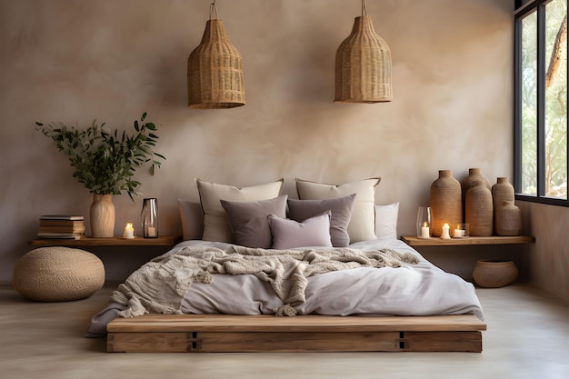 Foto grátis fundo de quarto de cama estilo boho projetado