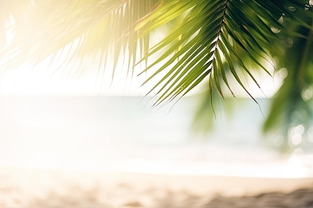 Fundo de verão desfocado de uma praia com folhas de palmeira nos cantos para produto ou espaço de cópia Ai generative