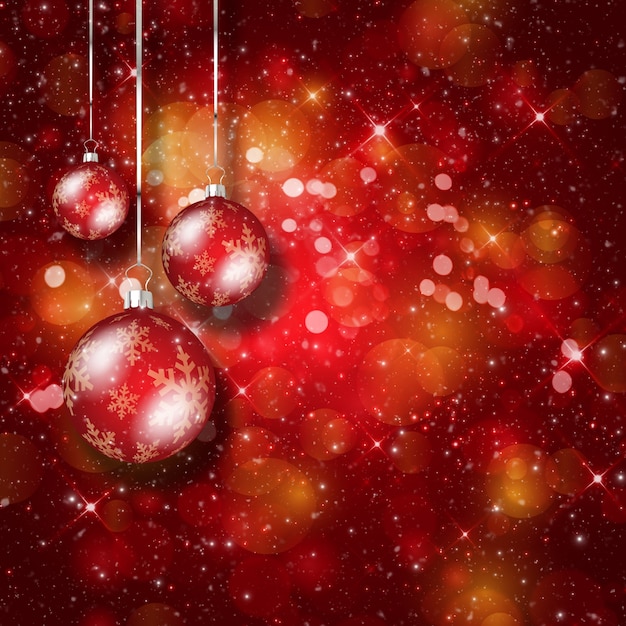 Fundo do Natal com luzes do bokeh e baubles de suspensão