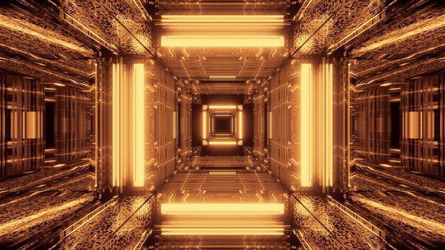 Fundo futurista de ficção científica abstrata com luzes de néon douradas