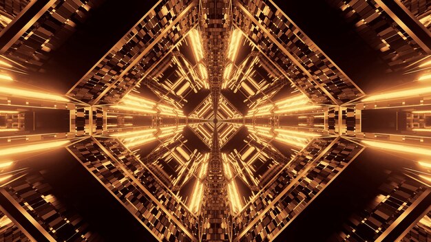 Fundo futurista de ficção científica abstrata com luzes de néon douradas