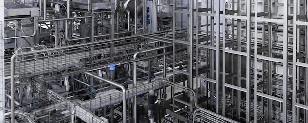 Fundo industrial Equipamentos ferramentas e máquinas industriais para a produção em lojas de fábrica fábrica de laticínios Tubos cromados de tubulação de água de aço Dentro da moderna fábrica de vinhos Interior moderno da fábrica