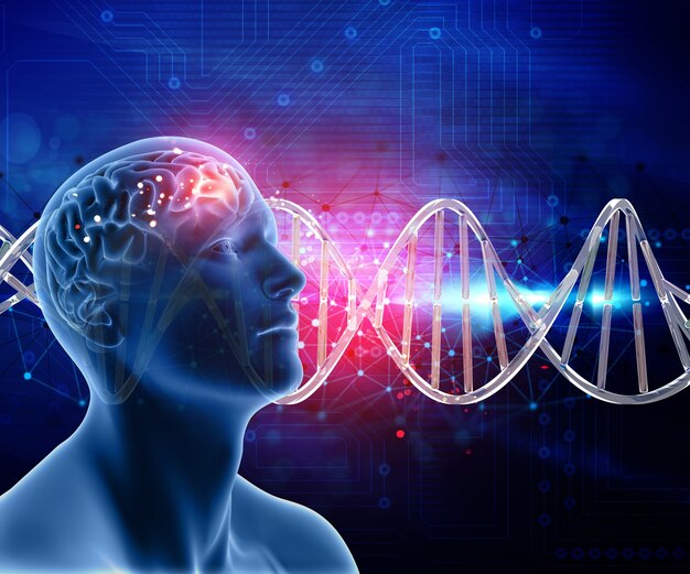 Fundo médico 3D com cabeça masculina e cérebro em fios de DNA