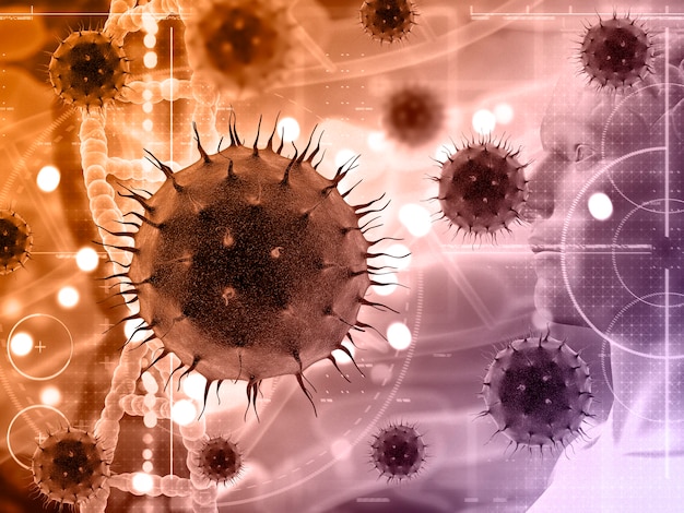 Foto grátis fundo médico 3d com células de vírus abstrata com figura masculina