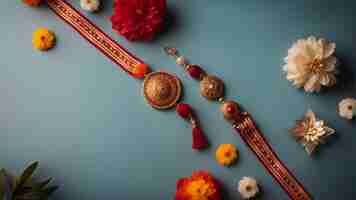 Foto grátis fundo raksha bandhan com elegantes grãos de arroz rakhi e flores uma pulseira tradicional indiana que é um símbolo de amor entre irmãos e irmãs