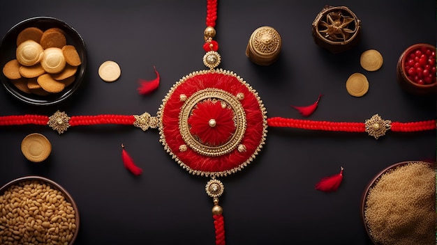 Fundo raksha bandhan com elegantes grãos de arroz rakhi e kumkum uma pulseira tradicional indiana que é um símbolo de amor entre irmãos e irmãs