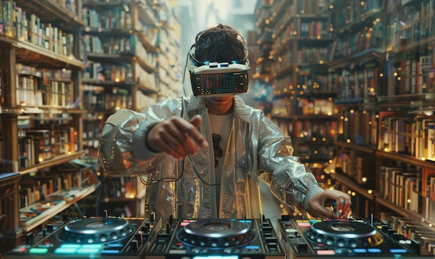 Foto grátis futuristic dj using virtual reality glasses to headline party and play music