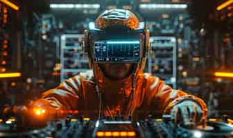 Foto grátis futuristic set with dj in charge of music using virtual reality glasses