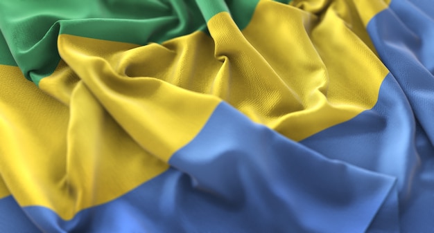 Gabon flag ruffled beautifully waving macro close-up shot