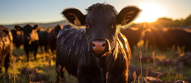 Foto grátis gado pastando no prado ao pôr do sol vacas pastando no prado